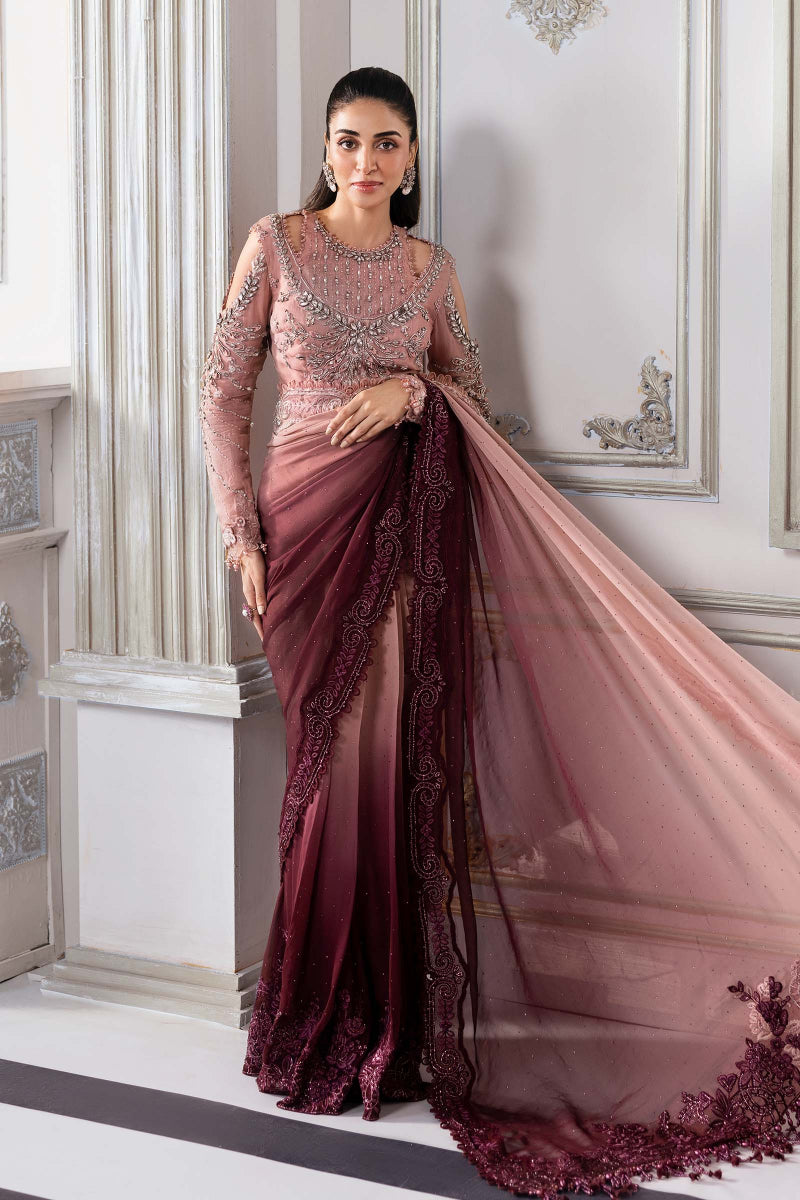 MARIA B Net Saree |Luxury Embroidered with 3D Flowers & Stone Work
