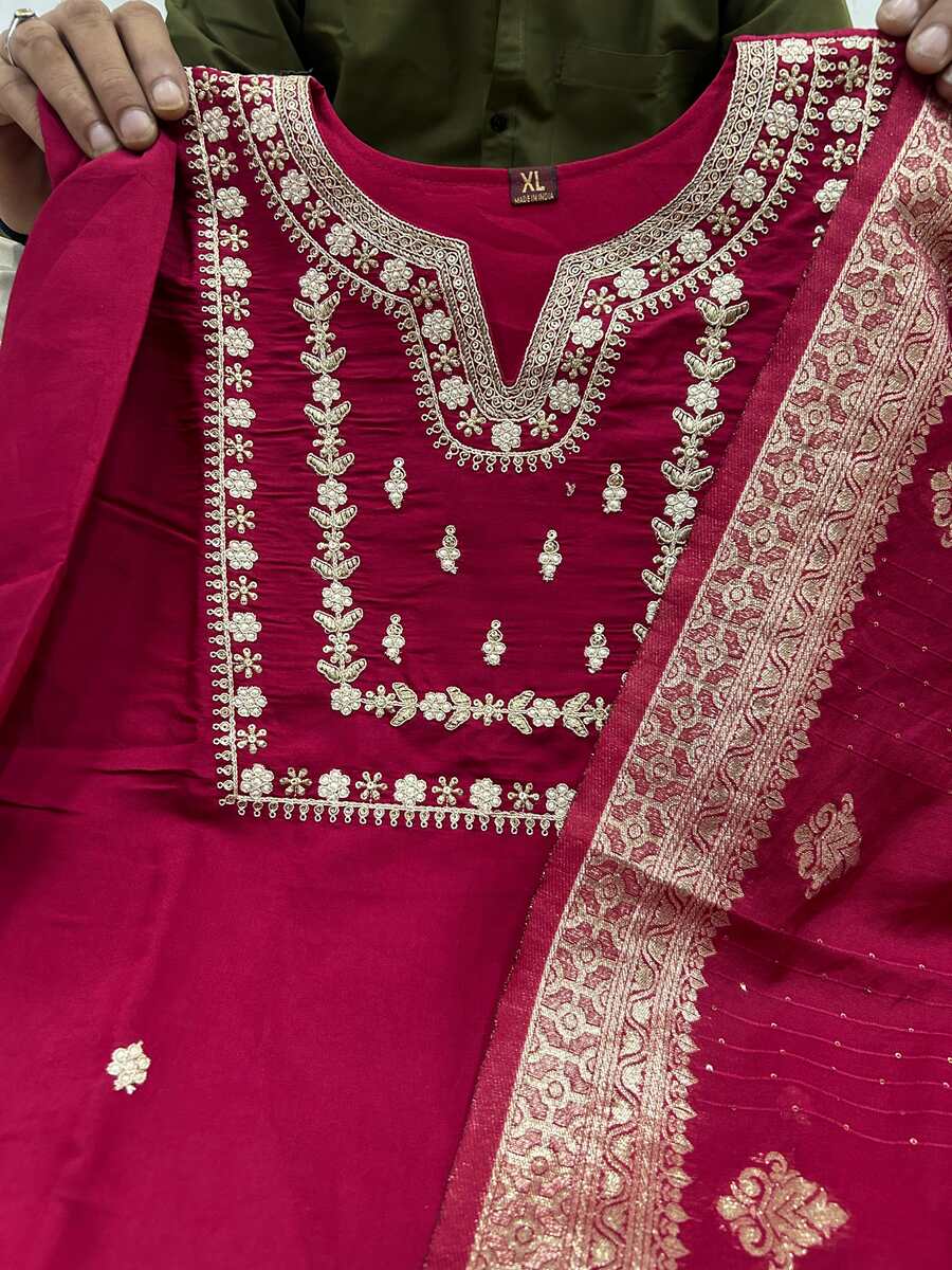 DESIGNER CHANDERI SILK SEQUENCE EMBROIDERY CODING WORK TOP BOTTOM WITH DUPATTA MAROON