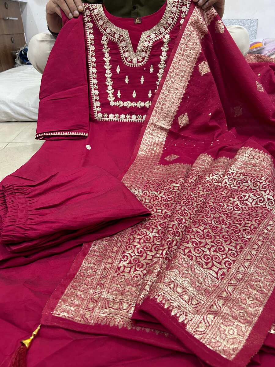 DESIGNER CHANDERI SILK SEQUENCE EMBROIDERY CODING WORK TOP BOTTOM WITH DUPATTA MAROON