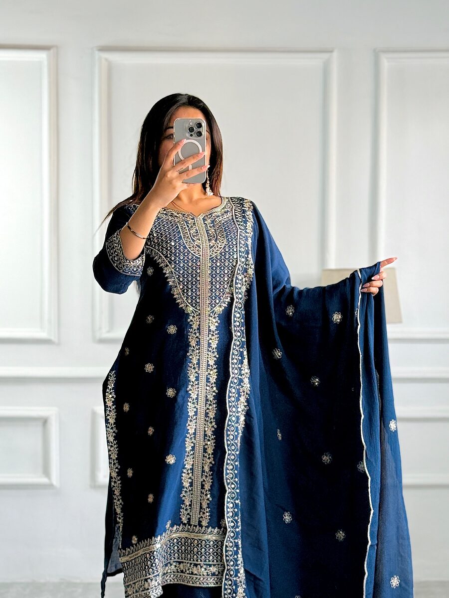 DESIGNER CHINON EMBROIDERY SEQUENCE WORK TOP BOTTOM WITH DUPATTA BLUE