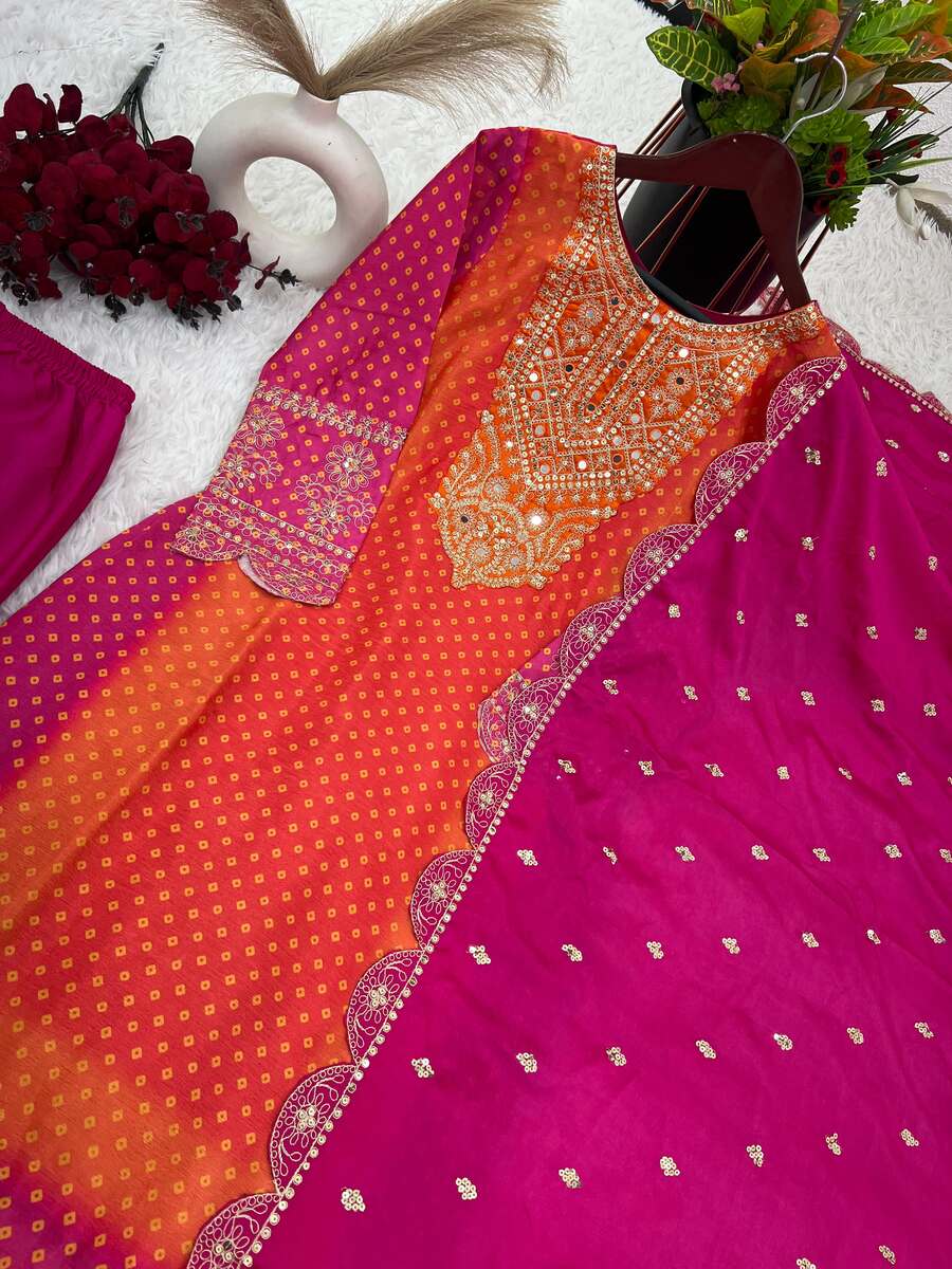 DESIGNER CHINON EMBROIDERY SEQUENCE WORK TOP PANT WITH DUPATTA PINK