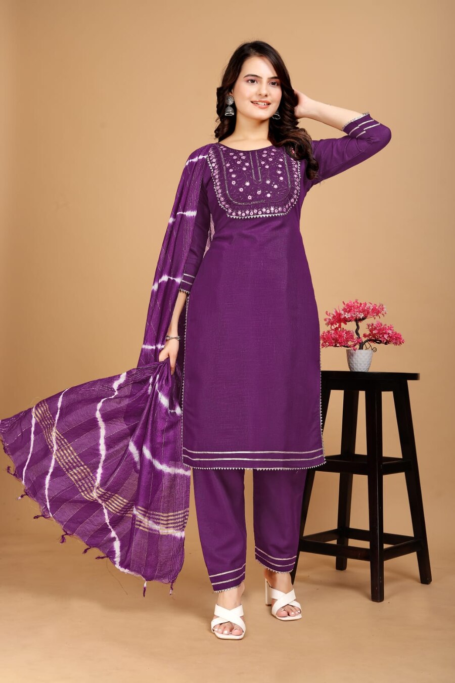 COTTON EMBROIDERY WORK TOP BOTTOM WITH DUPATTA PURPLE SUIT