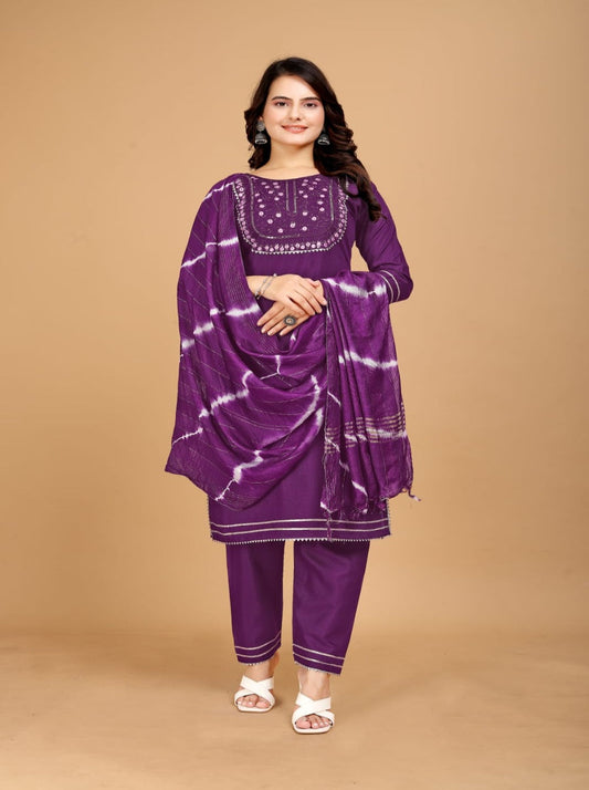 COTTON EMBROIDERY WORK TOP BOTTOM WITH DUPATTA PURPLE SUIT