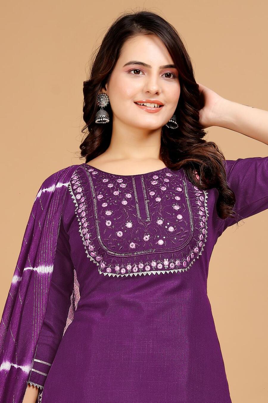 COTTON EMBROIDERY WORK TOP BOTTOM WITH DUPATTA PURPLE SUIT