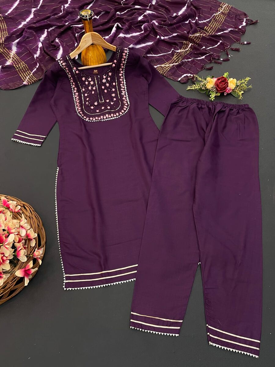 COTTON EMBROIDERY WORK TOP BOTTOM WITH DUPATTA PURPLE SUIT