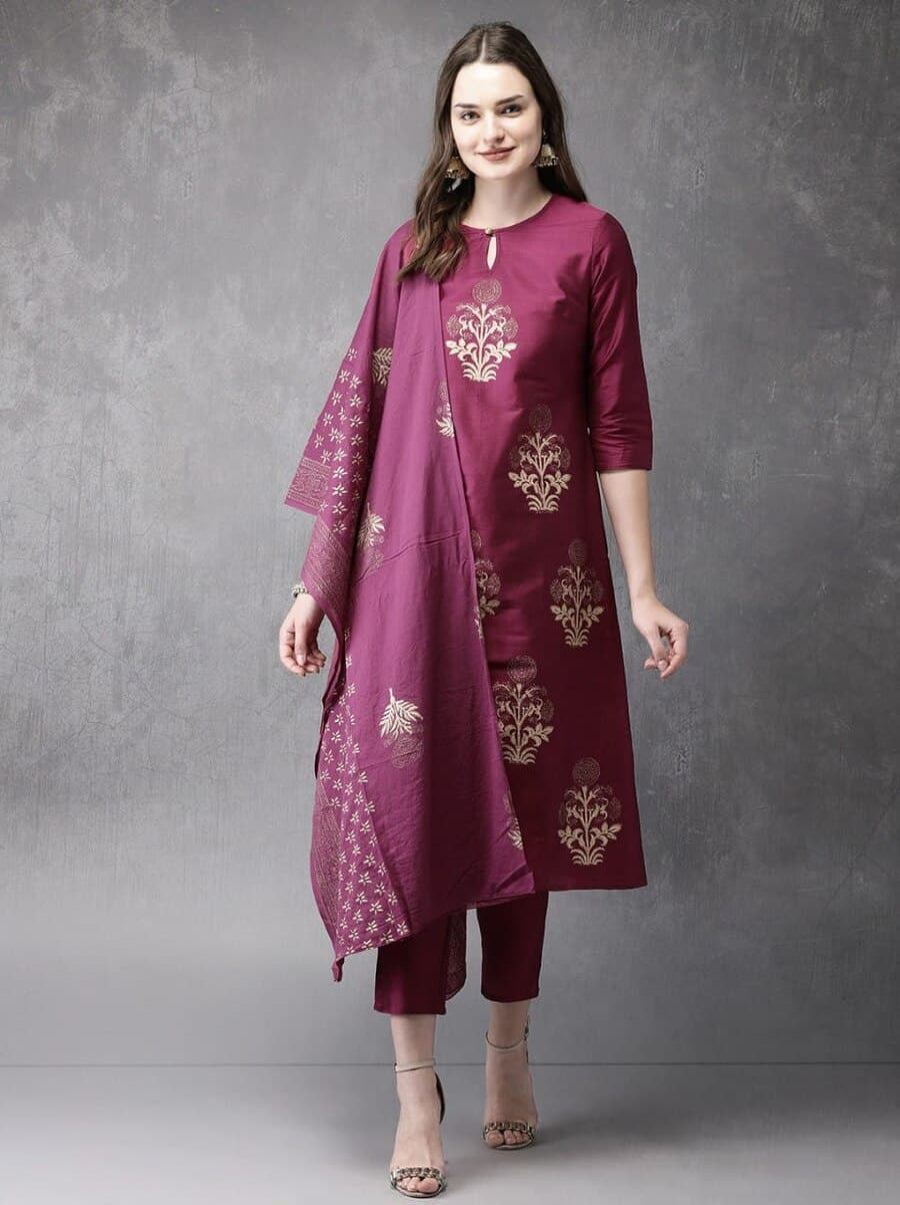 DESIGNER COTTON EMBROIDERY WORK TOP BOTTOM WITH DUPATTA MAROON