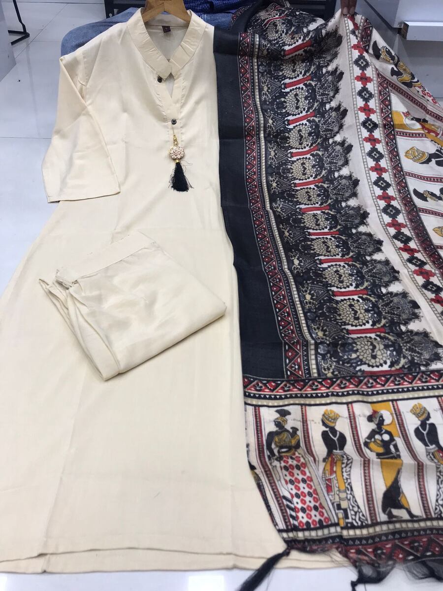 DESIGNER COTTON KHADI PRINT AND ZALAR WORK TOP BOTTOM WITH DUPATTA WHITE