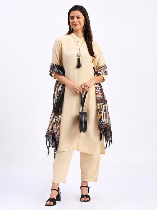 DESIGNER COTTON KHADI PRINT AND ZALAR WORK TOP BOTTOM WITH DUPATTA WHITE