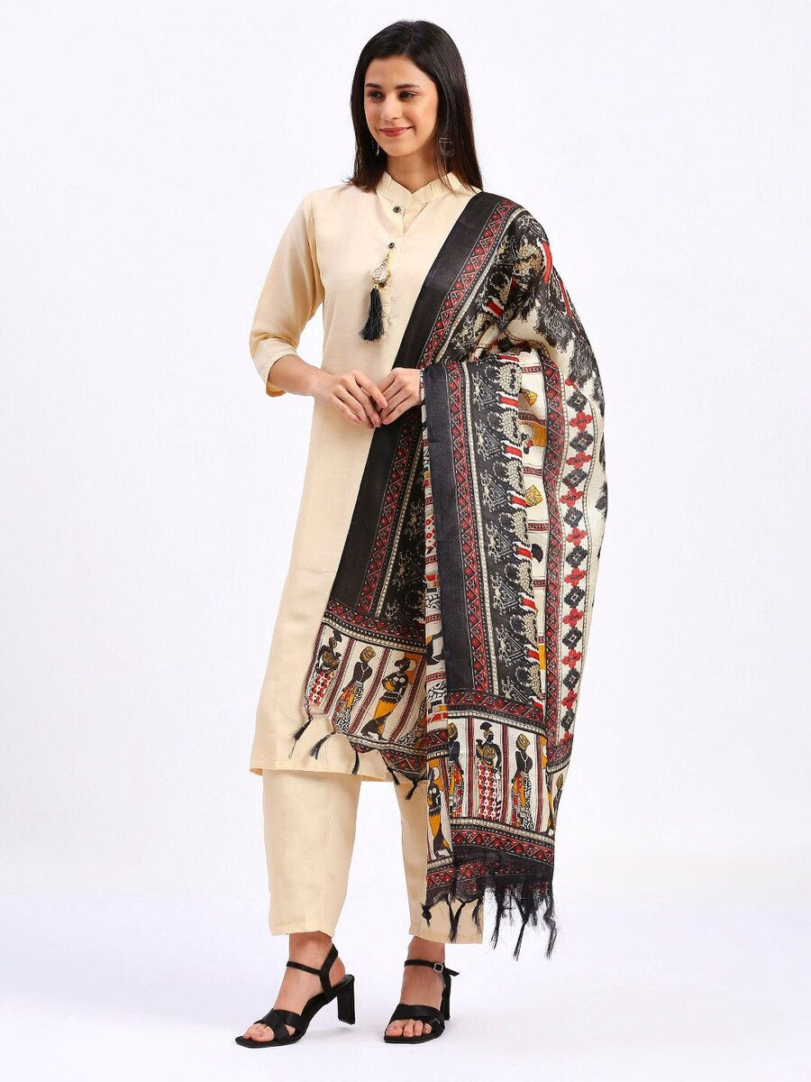 DESIGNER COTTON KHADI PRINT AND ZALAR WORK TOP BOTTOM WITH DUPATTA WHITE