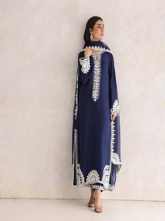 DESIGNER GEORGETTE CHINE STITCH WORK TOP BOTTOM WITH DUPATTA BLUE