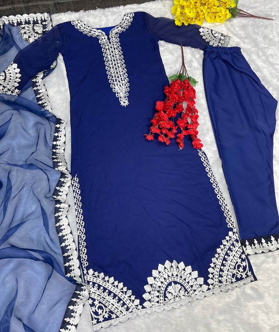 DESIGNER GEORGETTE CHINE STITCH WORK TOP BOTTOM WITH DUPATTA BLUE