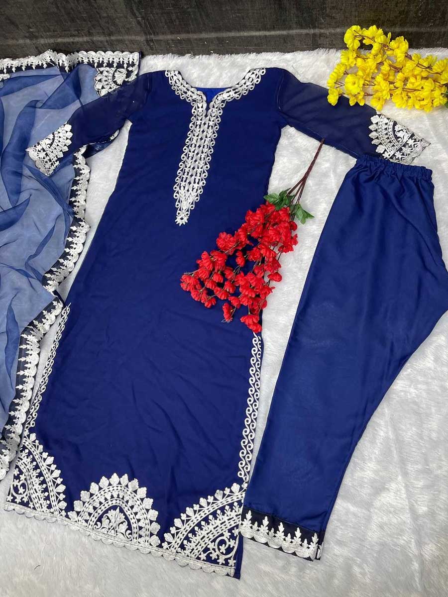 DESIGNER GEORGETTE CHINE STITCH WORK TOP BOTTOM WITH DUPATTA BLUE