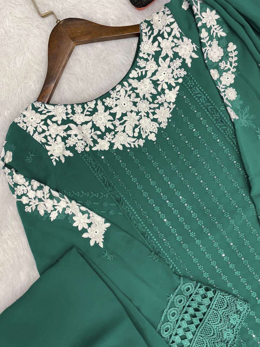 DESIGNER GEORGETTE EMBRODIERY SEQUENCE WORK TOP BOTTOM WITH DUPATTA GREEN