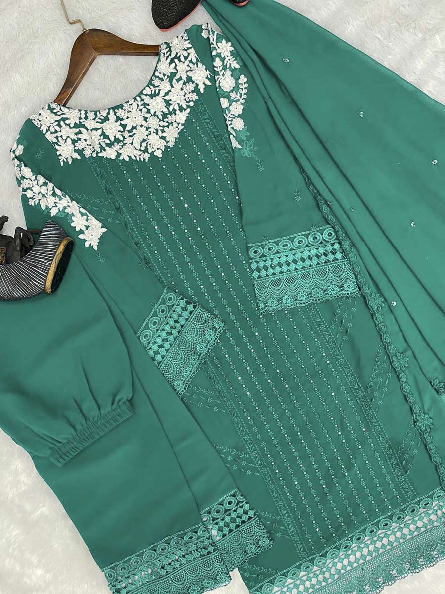 DESIGNER GEORGETTE EMBRODIERY SEQUENCE WORK TOP BOTTOM WITH DUPATTA GREEN