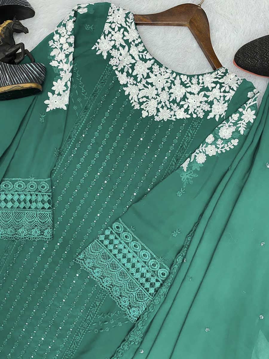 DESIGNER GEORGETTE EMBRODIERY SEQUENCE WORK TOP BOTTOM WITH DUPATTA GREEN