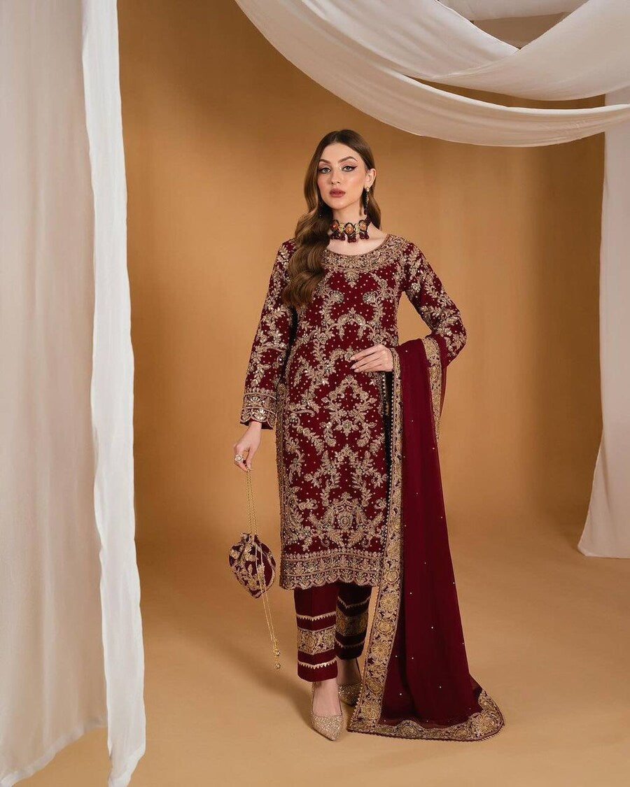 DESIGNER GEORGETTE EMBROIDERY AND STONE HAND WORK TOP PANT WITH DUPATTA MAROON