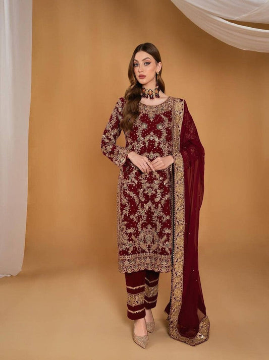 DESIGNER GEORGETTE EMBROIDERY AND STONE HAND WORK TOP PANT WITH DUPATTA MAROON