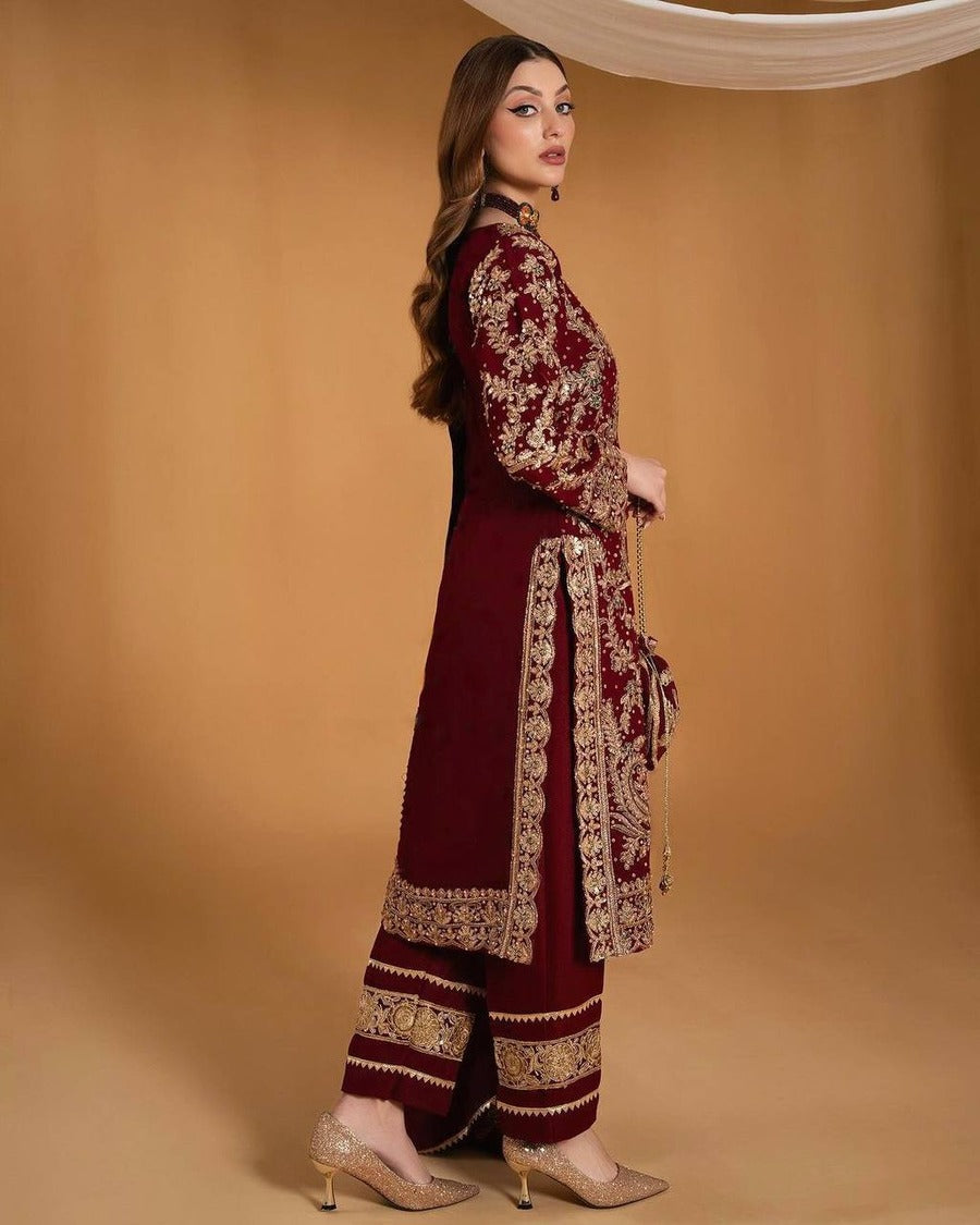 DESIGNER GEORGETTE EMBROIDERY AND STONE HAND WORK TOP PANT WITH DUPATTA MAROON