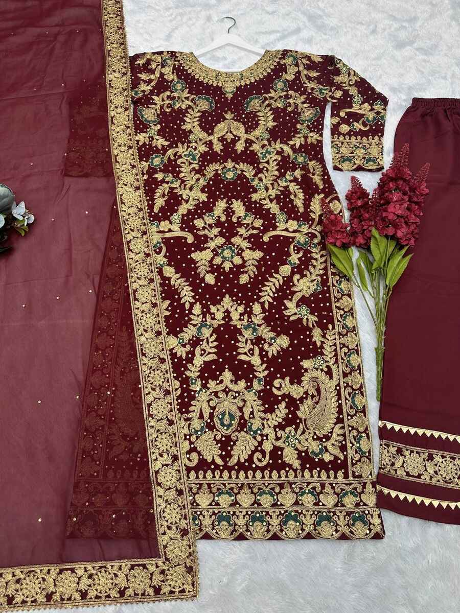 DESIGNER GEORGETTE EMBROIDERY AND STONE HAND WORK TOP PANT WITH DUPATTA MAROON