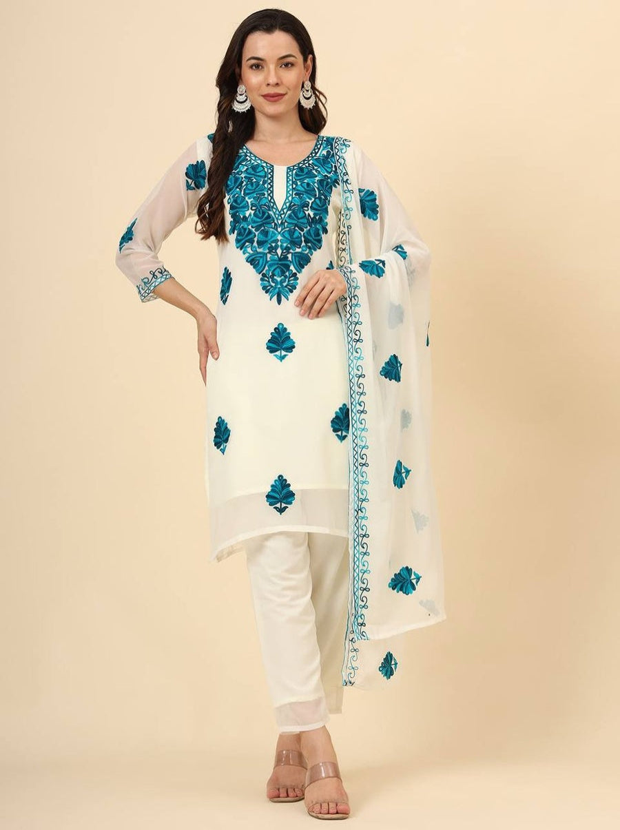 DESIGNER GEORGETTE EMBROIDERY CHIKANKARI WORK TOP BOTTOM WITH DUPATTA RAMA