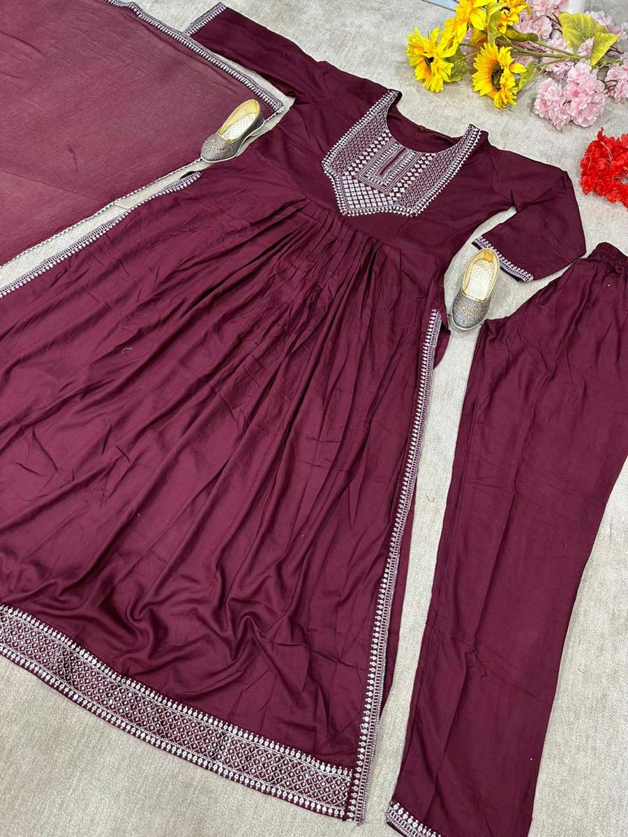 DESIGNER RAYON EMBROIDERY SEQUENCE WORK TOP BOTTOM WITH DUPATTA MAROON