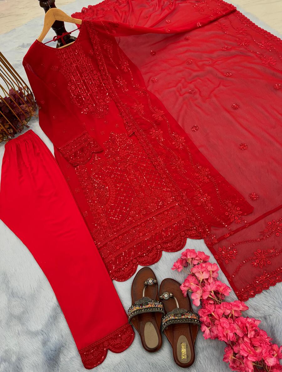 GEORGETTE EMBROIDERY SEQUENCE WORK TOP BOTTOM WITH DUPATTA RED SUIT