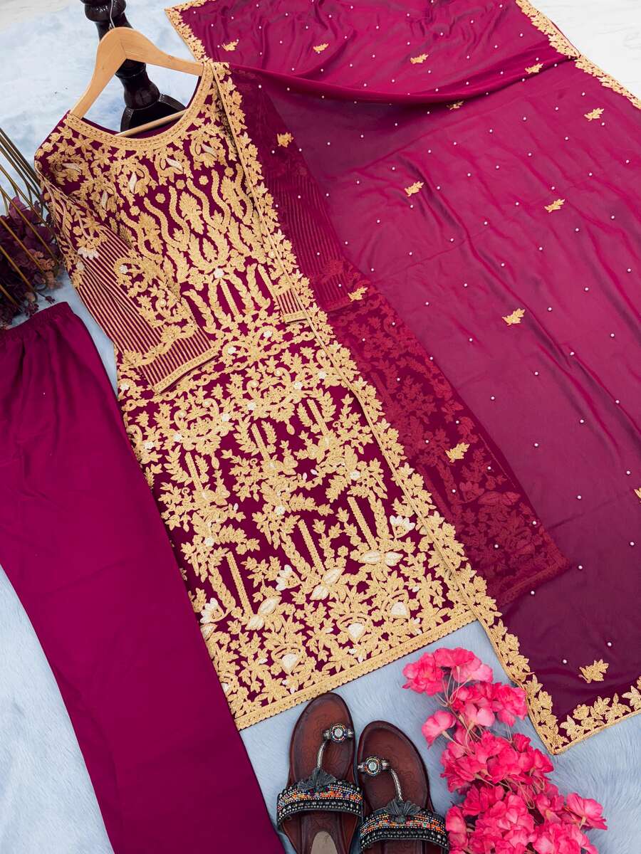 DESIGNER GEORGETTE EMBROIDERY WORK TOP BOTTOM WITH DUPATTA PINK