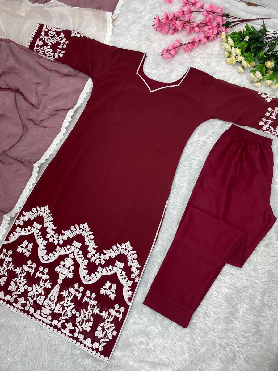 DESIGNER GEORGETTE EMBROIDERY WORK TOP BOTTOM WITH DUPATTA MAROON