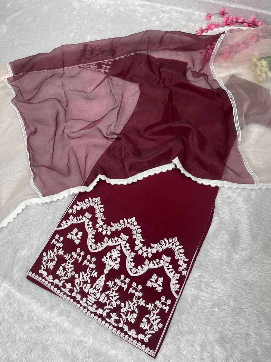 DESIGNER GEORGETTE EMBROIDERY WORK TOP BOTTOM WITH DUPATTA MAROON