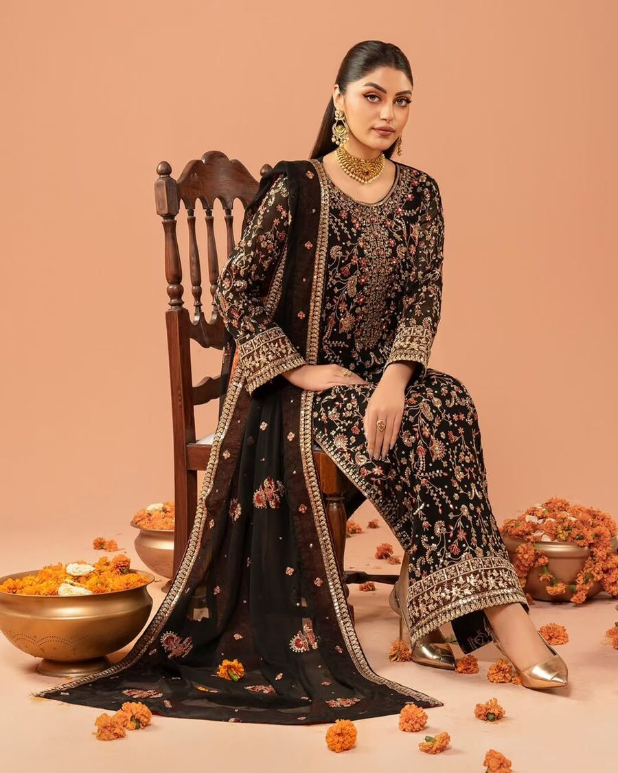 DESIGNER GEORGETTE THREAD AND SEQUENCE WITH REAL STONE WORK TOP BOTTOM WITH DUPATTA BLACK