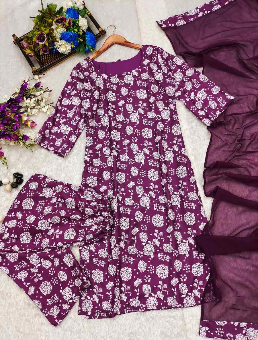 DESIGNER MUSLIN PRINT WORK TOP BOTTOM WITH DUPATTA WINE