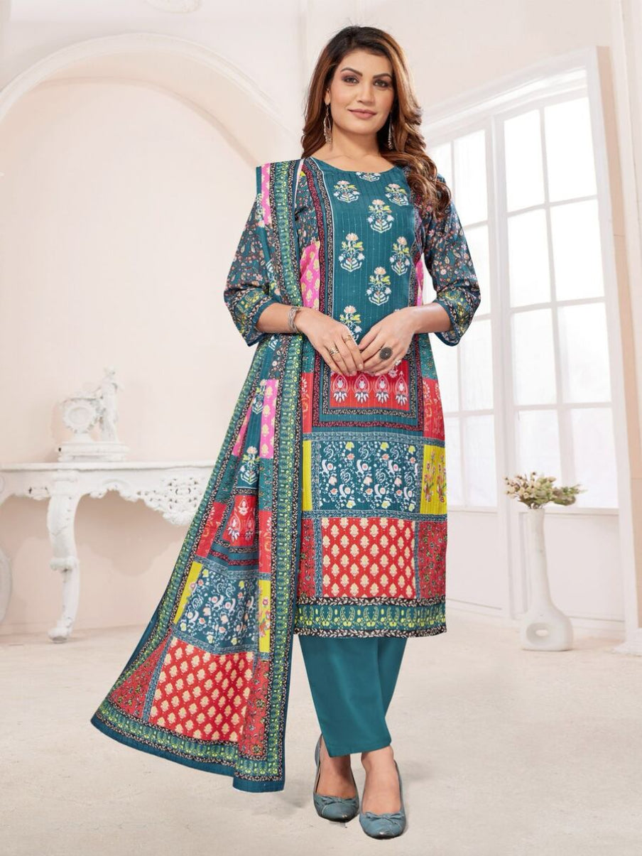 DESIGNER MUSLIN PRINTED SEQUENCE WORK TOP BOTTOM WITH DUPATTA RAMA