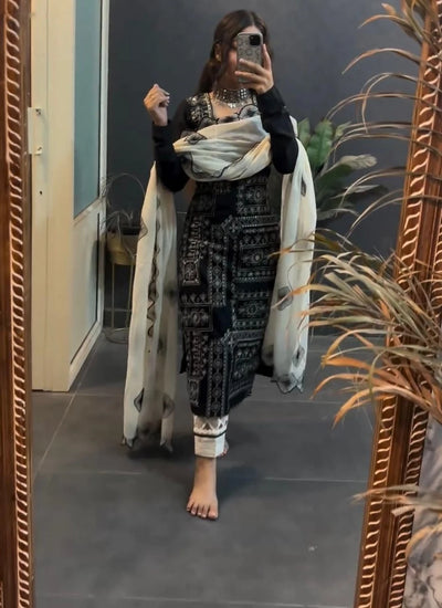 DESIGNER MUSLIN SILK DIGITAL PRINT WITH REAL MIRROR HAND WORK TOP PANT WITH DUPATTA BLACK