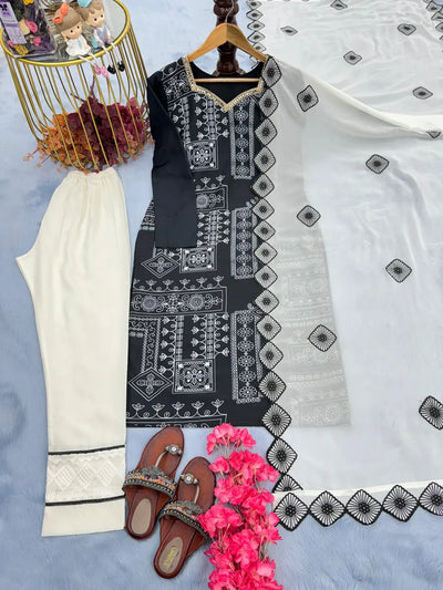 DESIGNER MUSLIN SILK DIGITAL PRINT WITH REAL MIRROR HAND WORK TOP PANT WITH DUPATTA BLACK