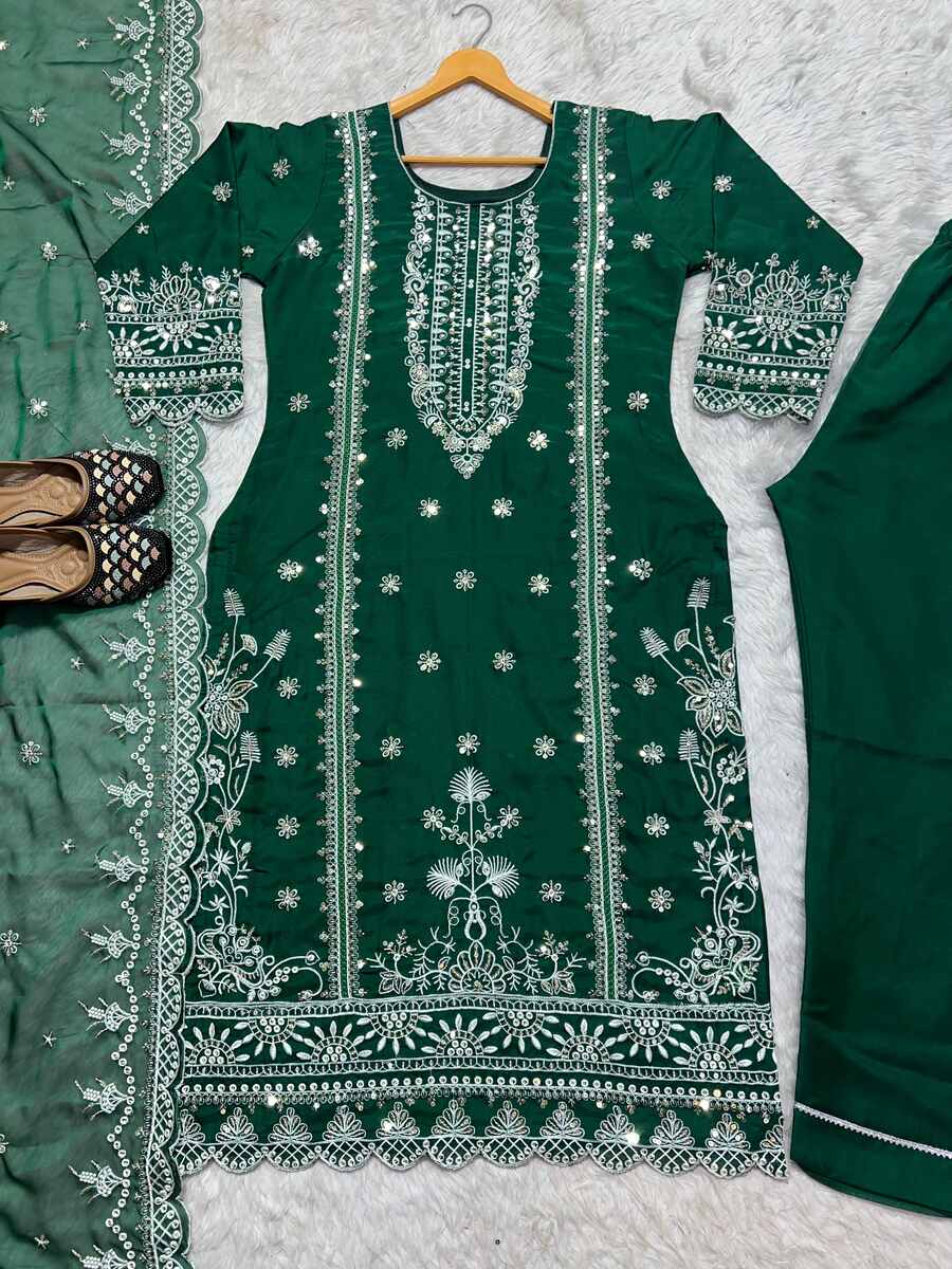 DESIGNER ORGANZA SEQUENCE MULTI EMBROIDERY WORK TOP PANT WITH DUPATTA GREEN