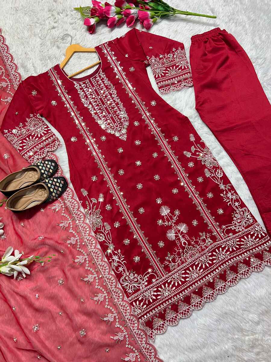 DESIGNER ORGANZA SEQUENCE MULTI EMBROIDERY WORK TOP PANT WITH DUPATTA RED