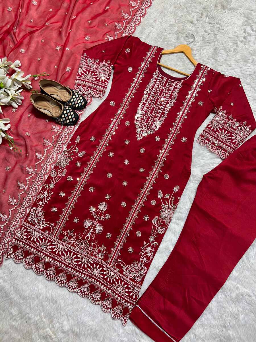 DESIGNER ORGANZA SEQUENCE MULTI EMBROIDERY WORK TOP PANT WITH DUPATTA RED