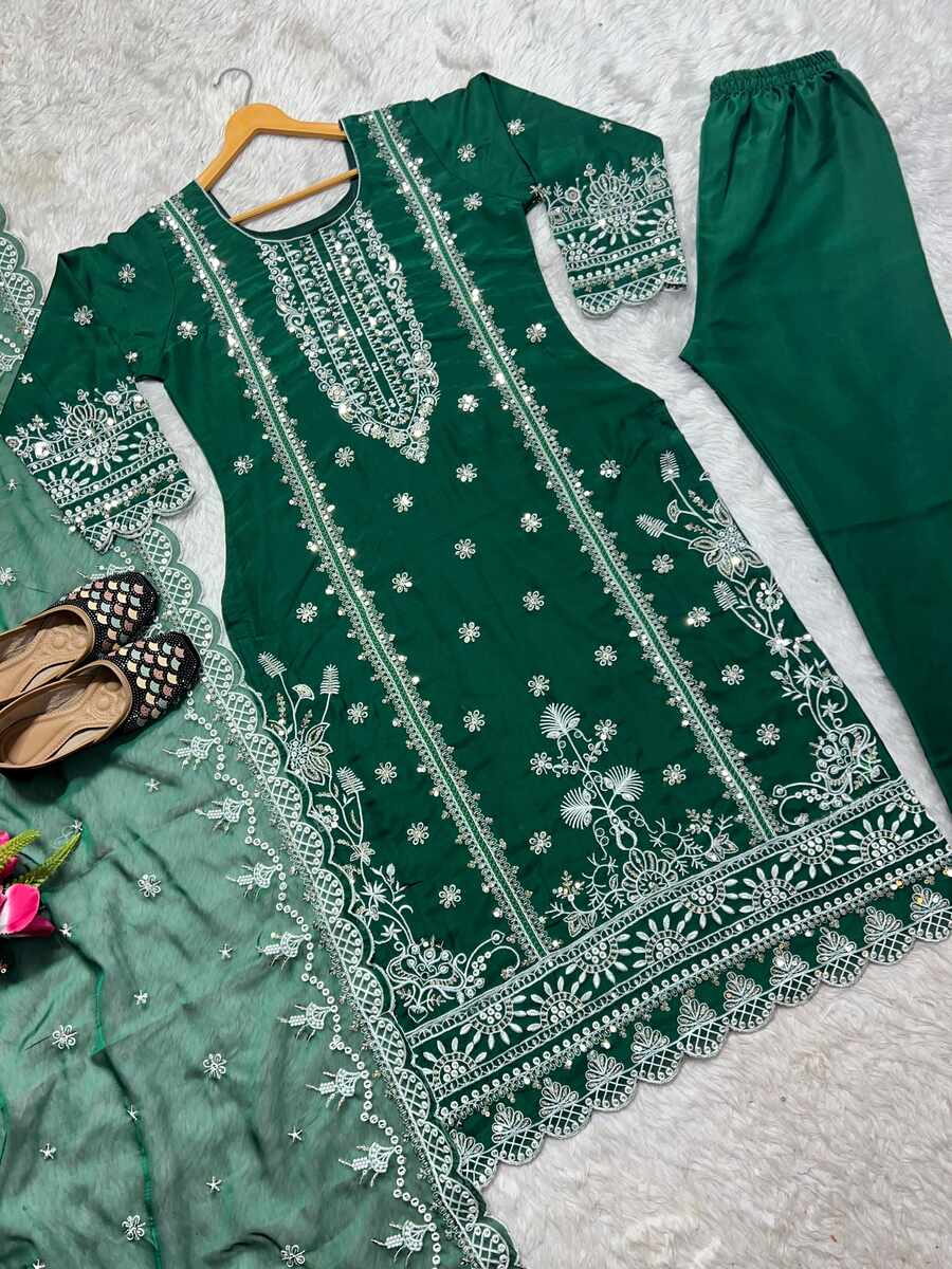 DESIGNER ORGANZA SEQUENCE MULTI EMBROIDERY WORK TOP PANT WITH DUPATTA GREEN