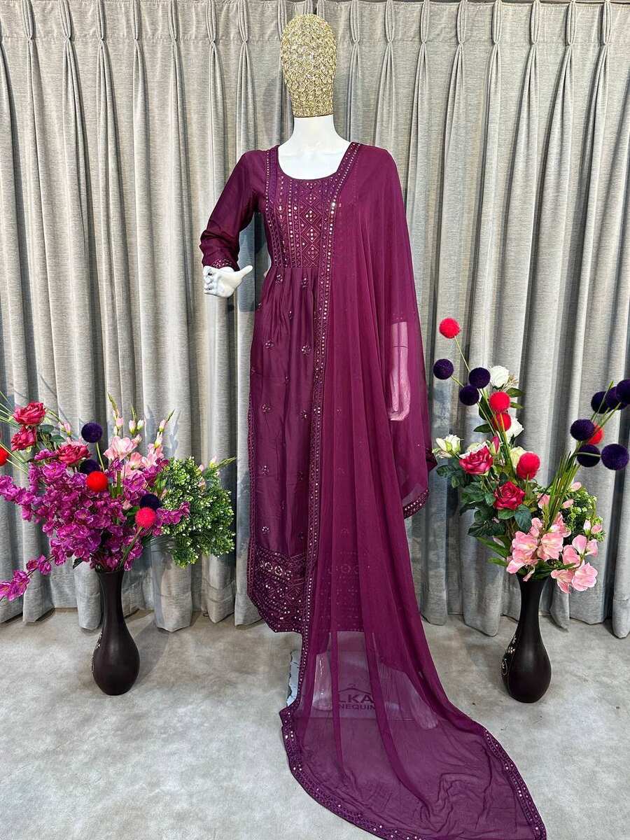 DESIGNER RAYON EMBROIDERY FOIL MIRROR WORK TOP BOTTOM WITH DUPATTA WINE