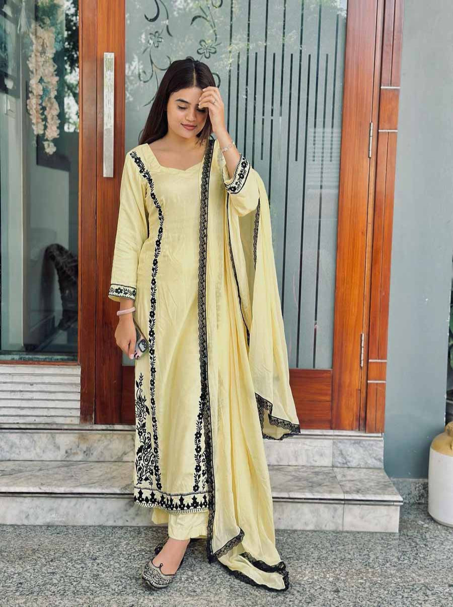 DESIGNER RAYON EMBRODIERY WORK TOP BOTTOM WITH DUPATTA YELLOW