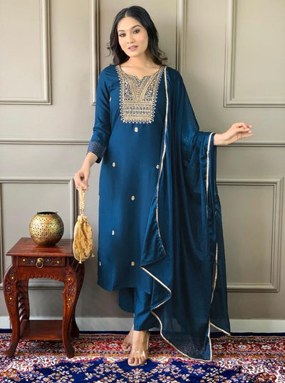 DESIGNER RAYON EMBROIDERY WORK TOP BOTTOM WITH DUPATTA RAMA BLUE