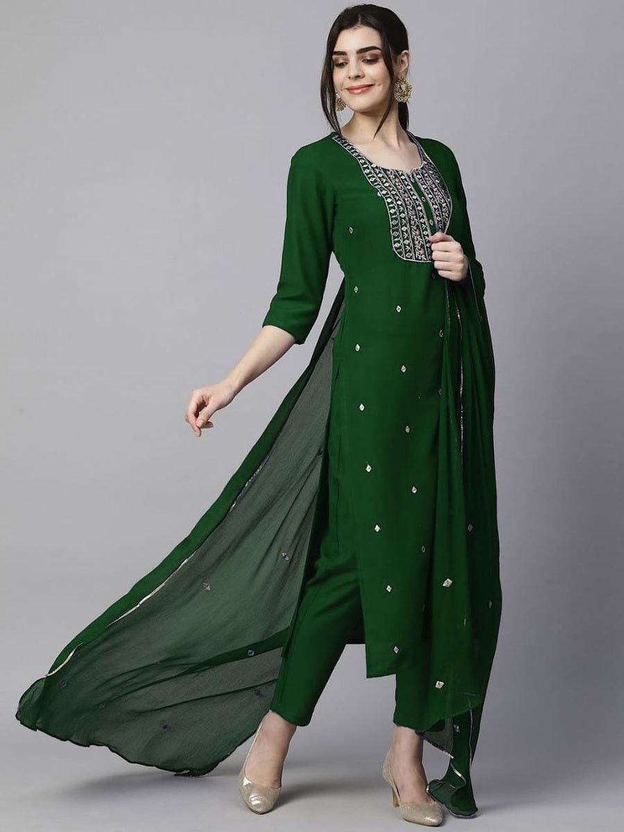 DESIGNER RAYON EMBROIDERY WORK TOP PANT WITH DUPATTA PARROT GREEN