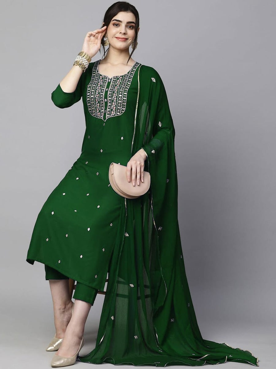 DESIGNER RAYON EMBROIDERY WORK TOP PANT WITH DUPATTA PARROT GREEN