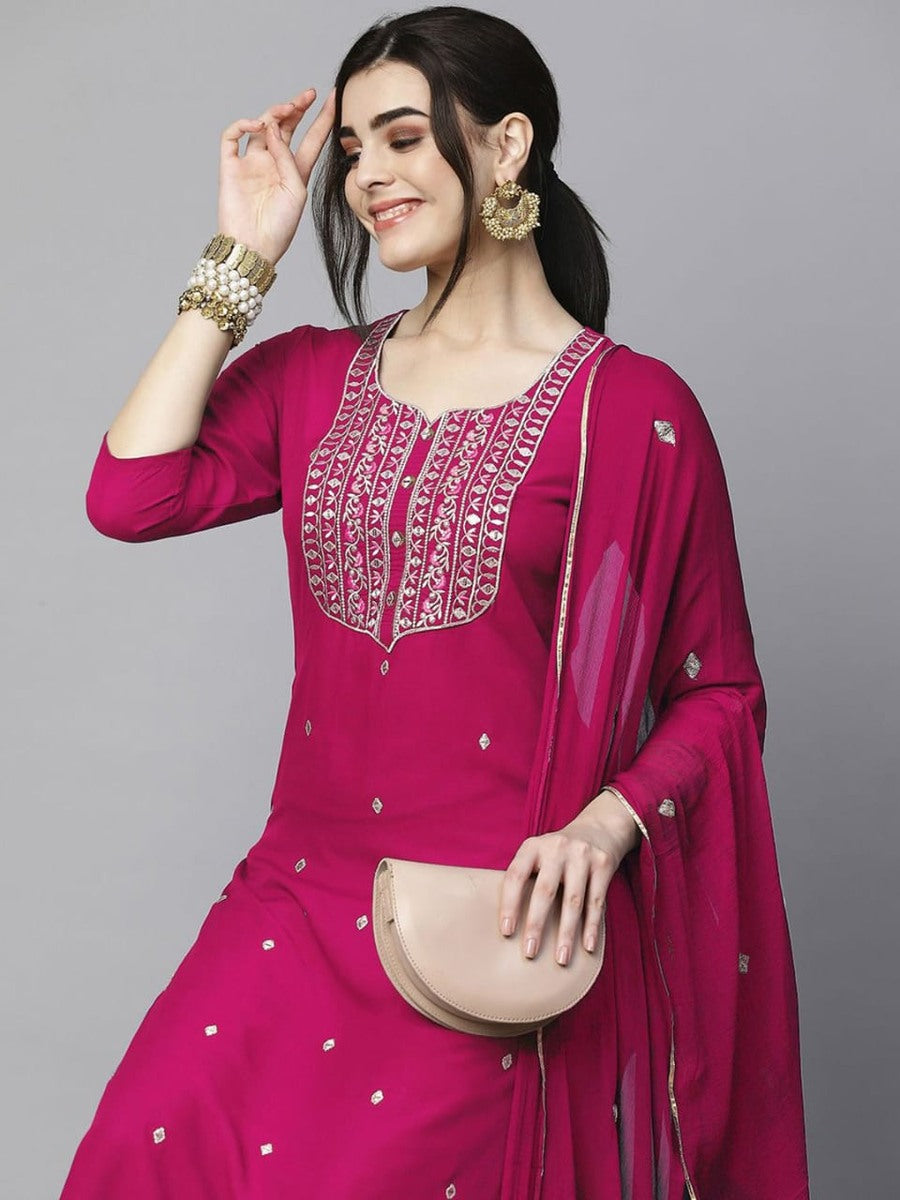 DESIGNER RAYON EMBROIDERY WORK TOP PANT WITH DUPATTA PINK