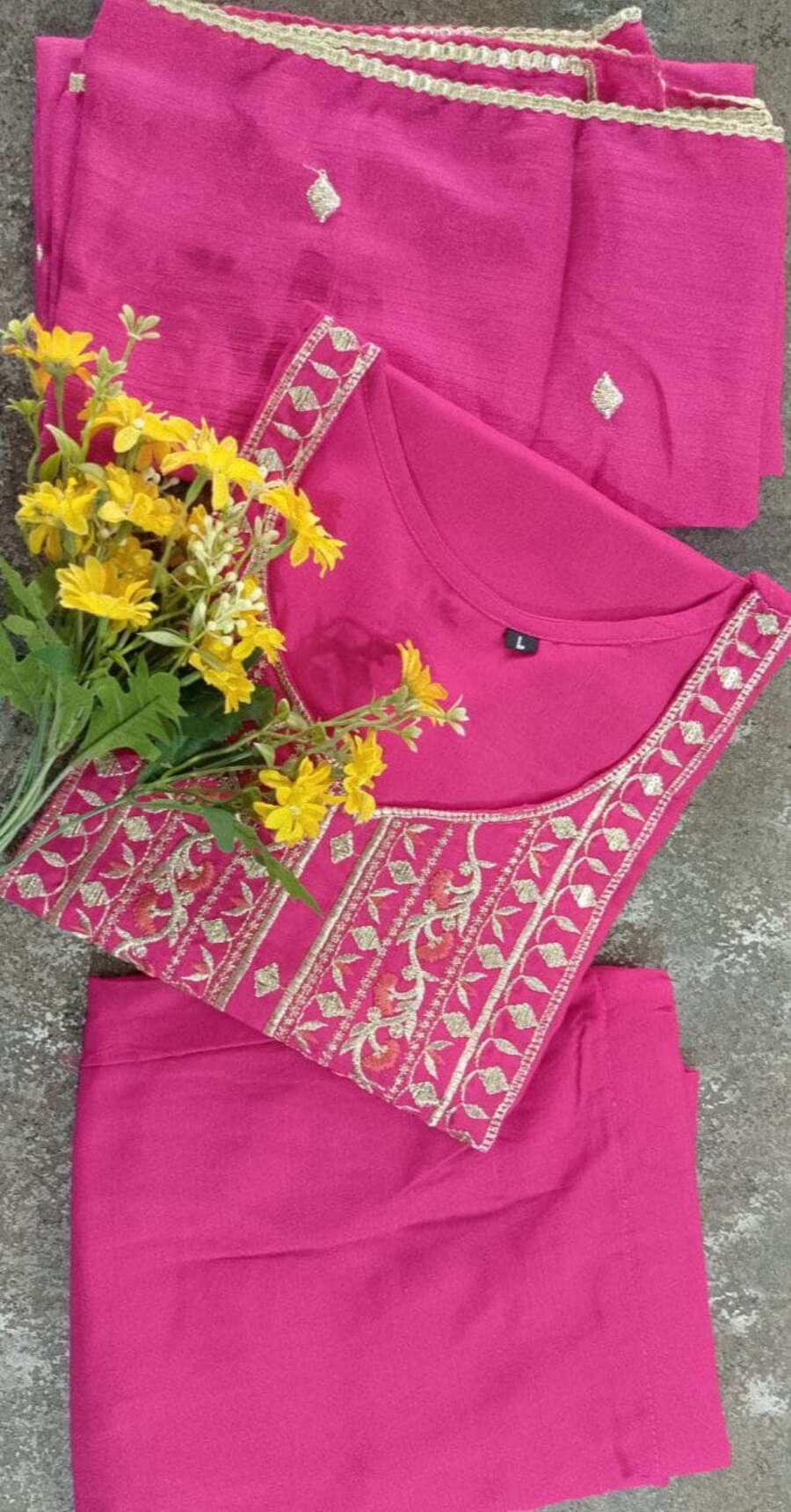 DESIGNER RAYON EMBROIDERY WORK TOP PANT WITH DUPATTA PINK