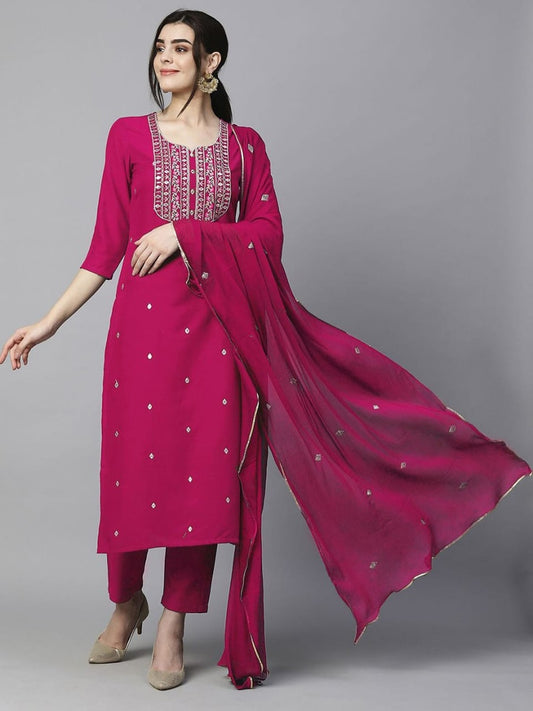 DESIGNER RAYON EMBROIDERY WORK TOP PANT WITH DUPATTA PINK