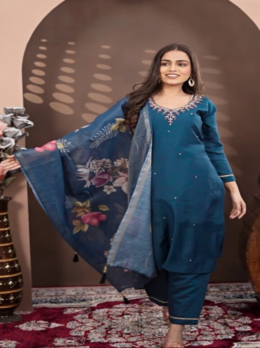 DESIGNER ROMAN SILK HAND WORK TOP BOTTOM WITH DUPATTA NAVY BLUE