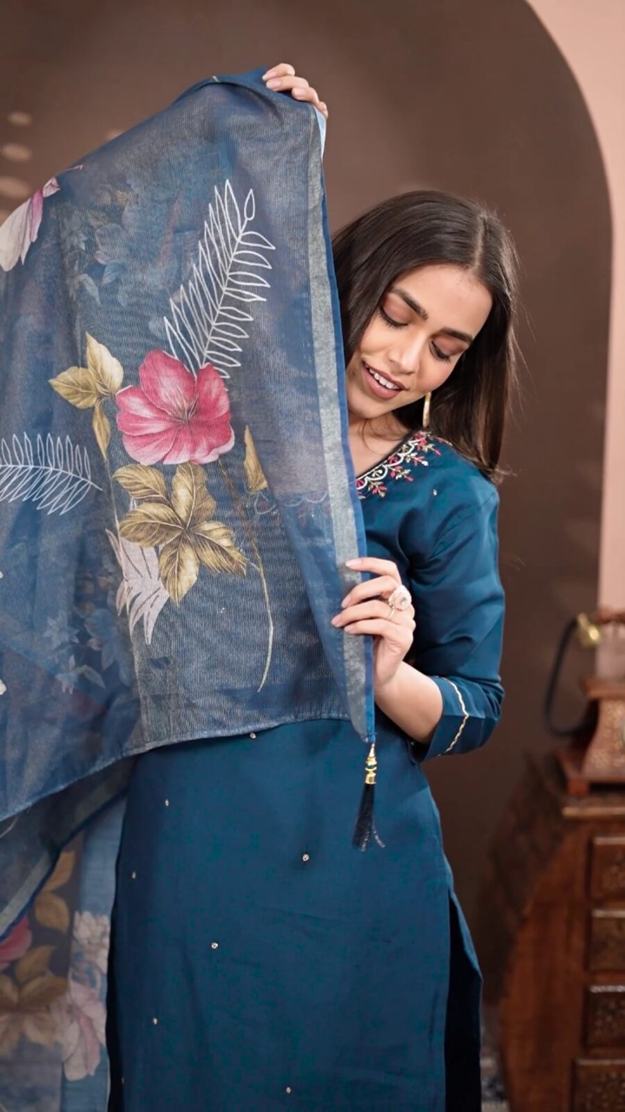 DESIGNER ROMAN SILK HAND WORK TOP BOTTOM WITH DUPATTA NAVY BLUE