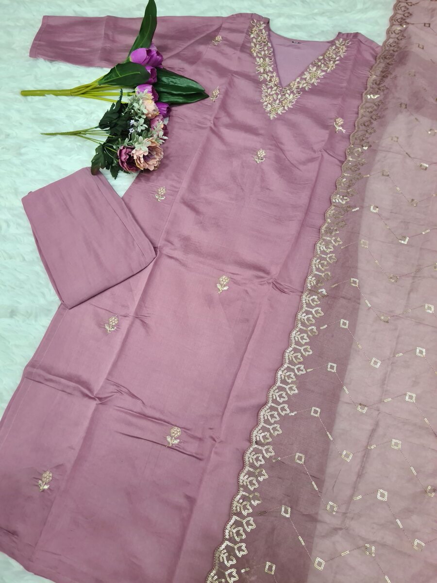 DESIGNER ROMAN SILK SEQUENCE CODING EMBROIDERY WORK TOP BOTTOM WITH DUPATTA BABY PINK