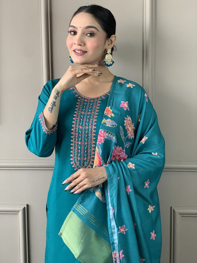 DESIGNER ROMAN SILK SEQUENCE CODING EMBROIDERY WORK TOP BOTTOM WITH DUPATTA SKY